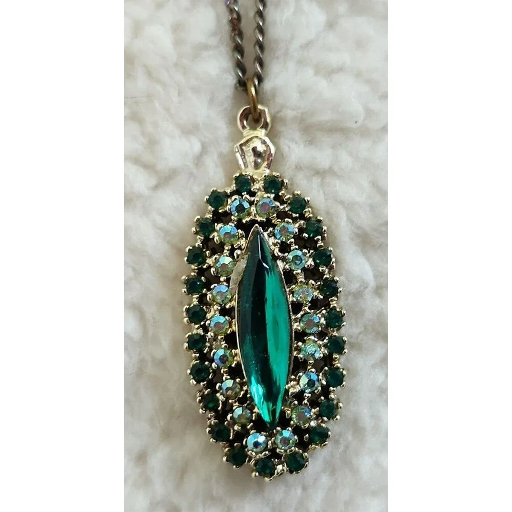 Vintage Unsigned Oval Green and Clear Rhinestone Medallion w/Silver Tone Chain